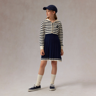 eland kids衣恋童装女童连衣裙2025年春季徽章刺绣条纹百褶