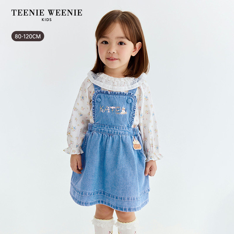 TeenieWeenie Kids小熊童装女宝可爱风刺绣牛仔背带裙T0OJ262351A