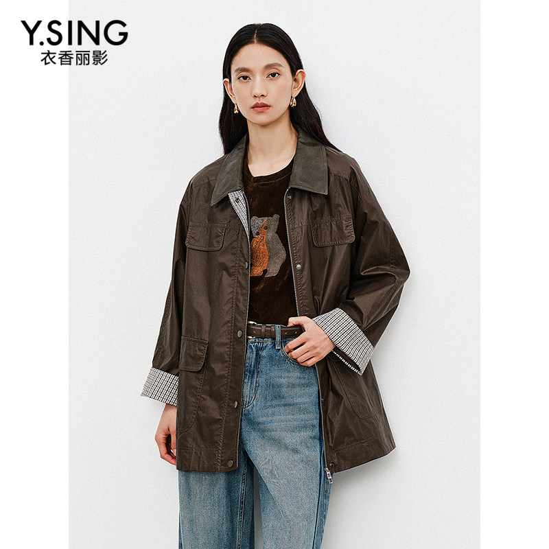 衣香丽影纯棉油蜡皮风衣女中长款小个子格纹拼接外套950741908
