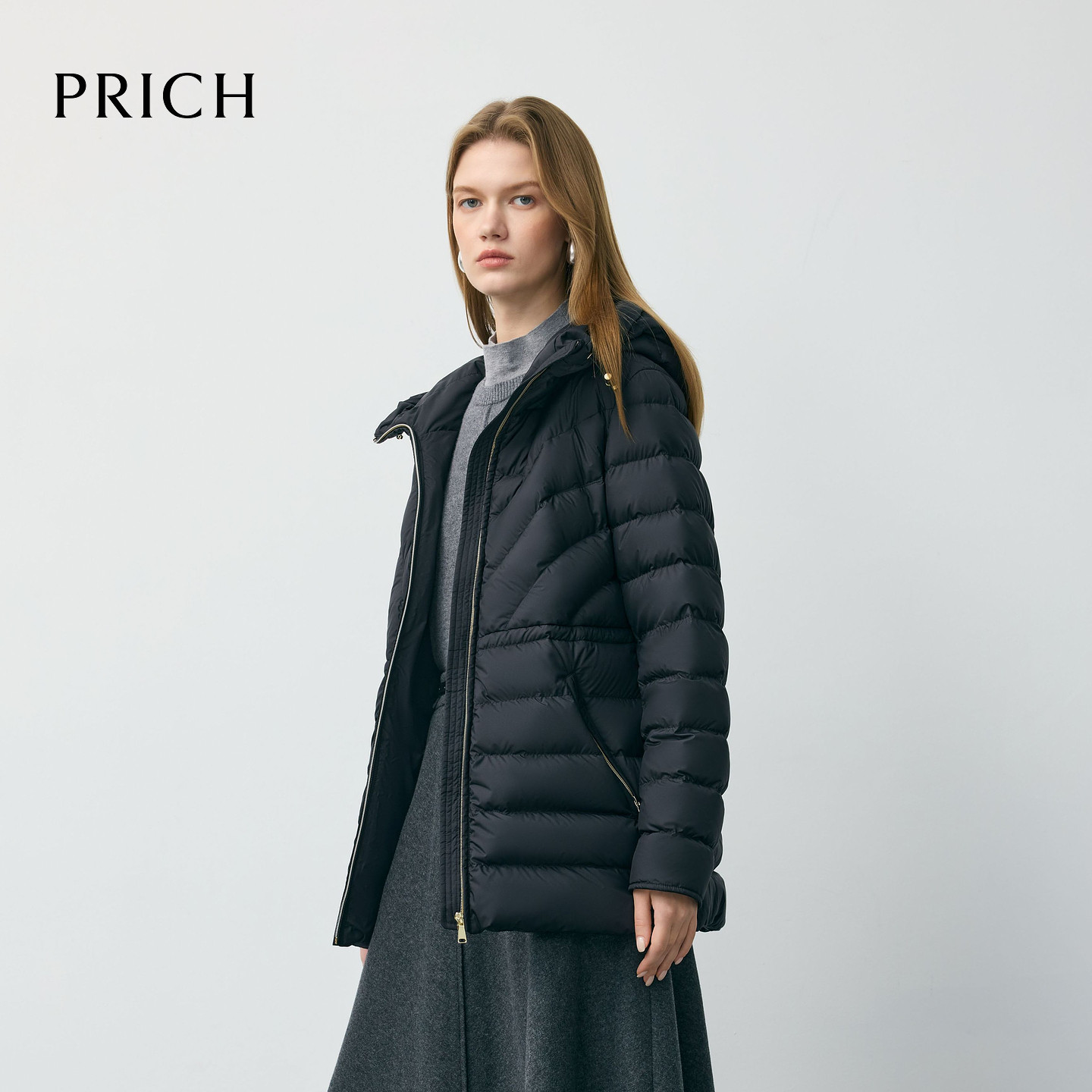 PRICH简约连帽中长款羽绒服