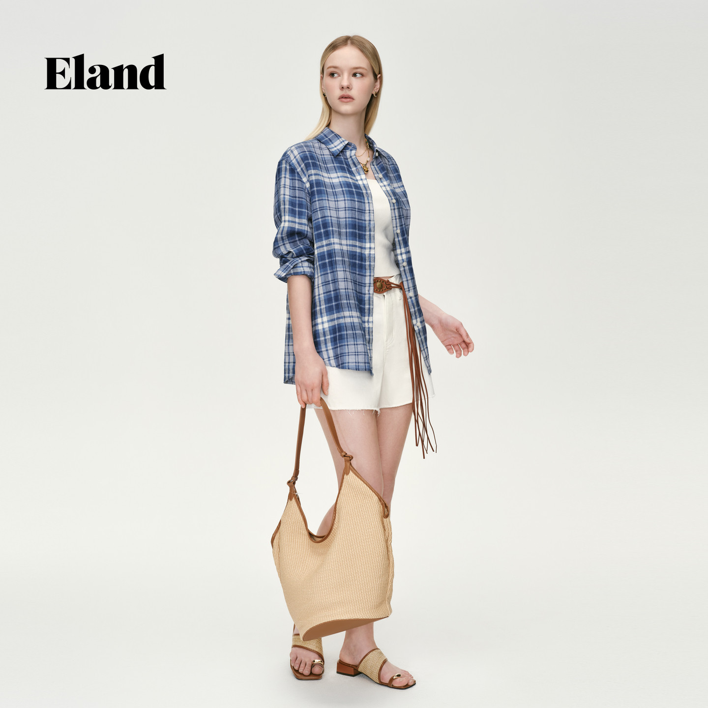 Eland衬衫女简约格纹连肩袖卷边宽松上衣衬衣2026夏季