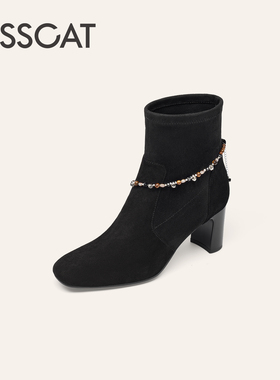 KISSCAT接吻猫25冬新老钱粗跟靴瘦瘦靴链条高跟靴女KA65735-10