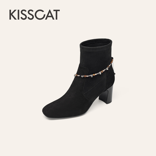 KISSCAT接吻猫25冬新老钱粗跟靴瘦瘦靴链条高跟靴女KA65735-10
