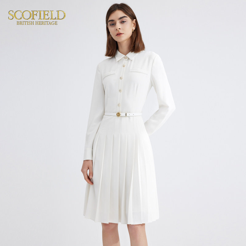 SCOFIELD百褶衬衫裙通勤优雅显瘦长袖连衣裙SFOWD1103S