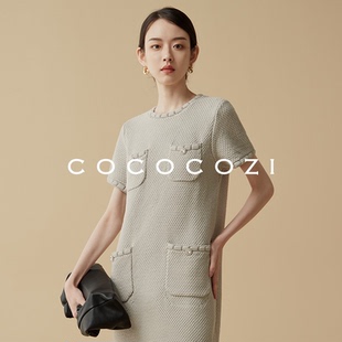 COCOCOZI短袖小香风简约女圆领气质名媛收腰连衣裙223CO024