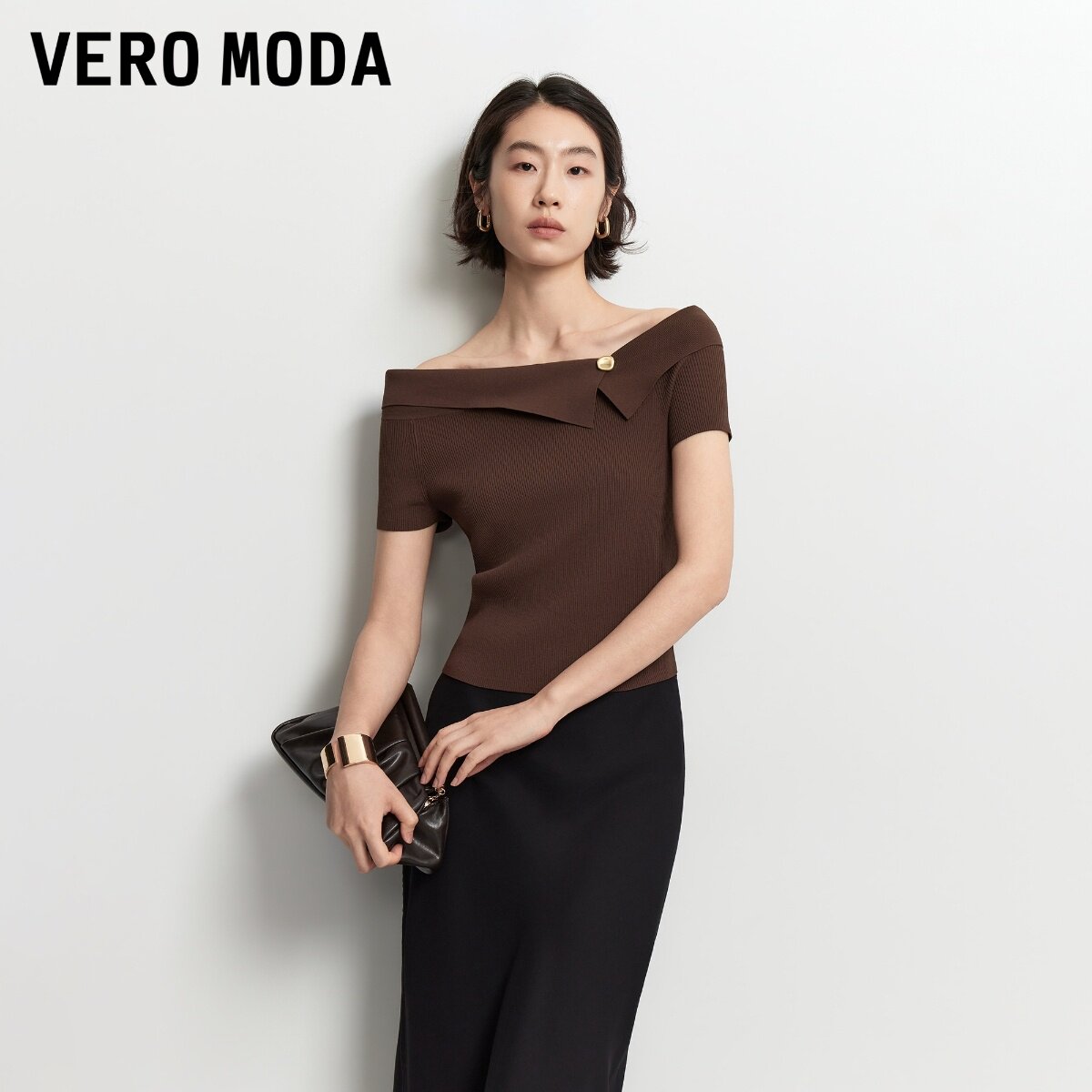 Vero Moda针织衫女2026秋季新款一字斜肩金属扣短袖上衣326345022