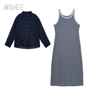 BSiEE本涩纯色长袖衬衫外套吊带条纹连衣裙套装F2543D01