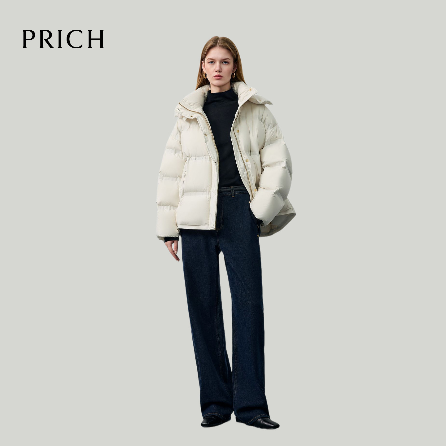 【90%鹅绒】PRICH时尚轻盈保暖绗线羽绒服2025冬季短款外套女