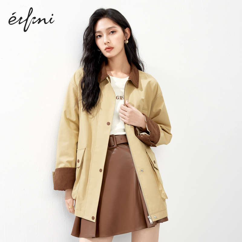 伊芙丽韩系单排扣撞色领袖工装风中长款风衣休闲外套1F2960111