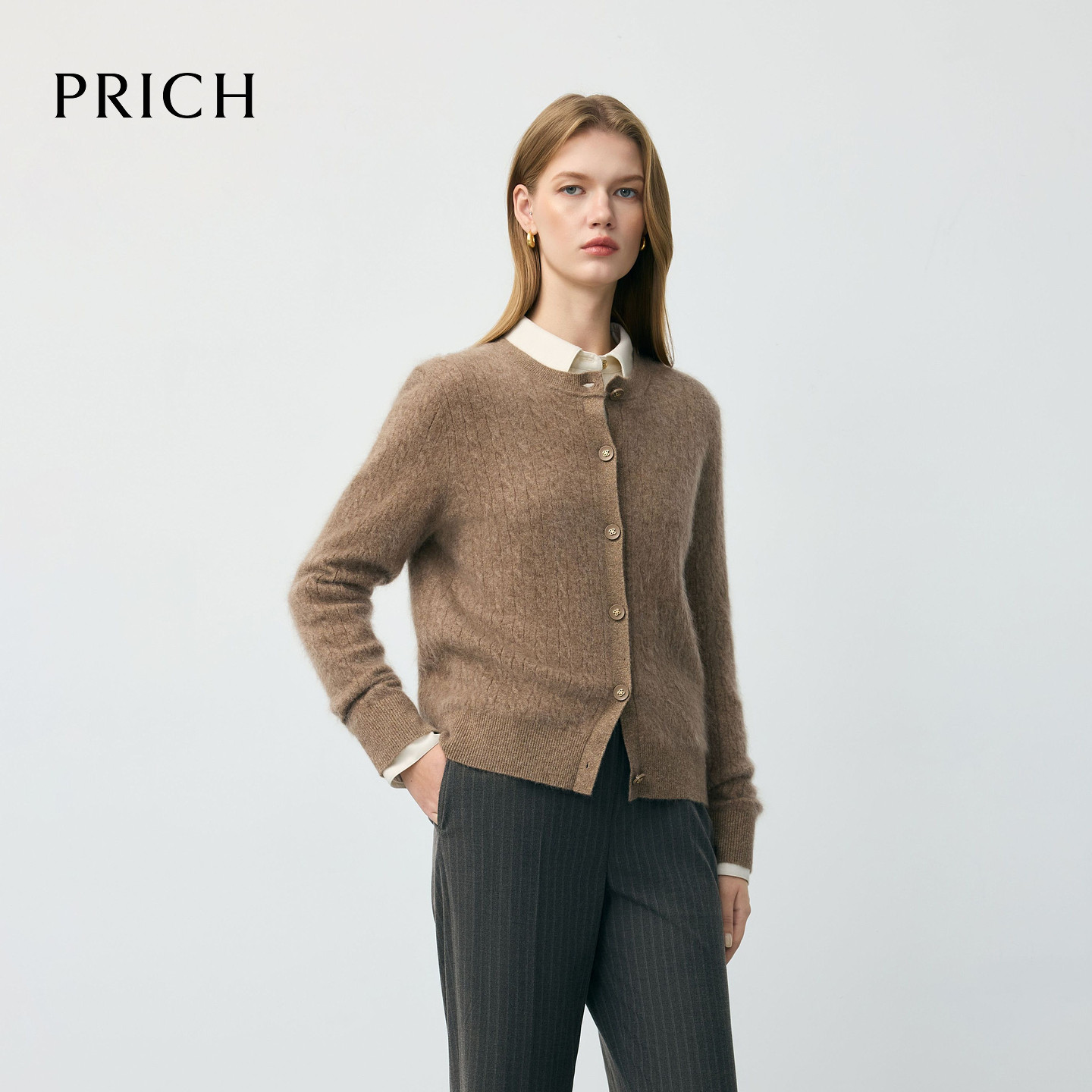 PRICH简约拉毛羊绒绞花亮丝针织开衫2025秋季新款微宽松毛衣女