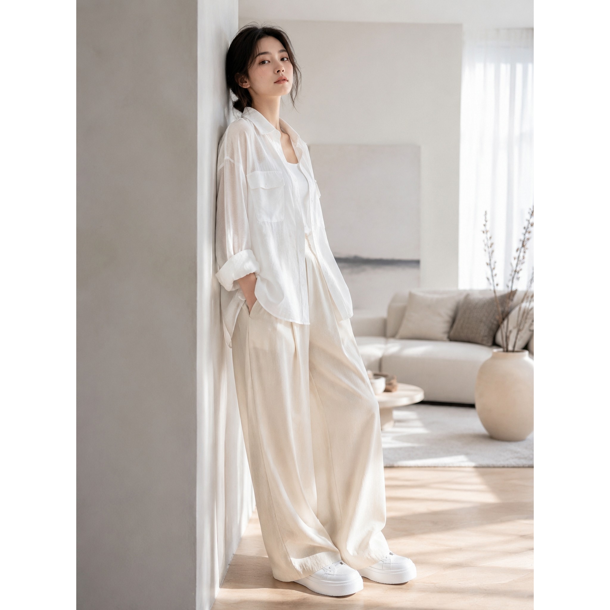 枺上夏季女士收腰翻领口袋长袖衬衫MA4265010