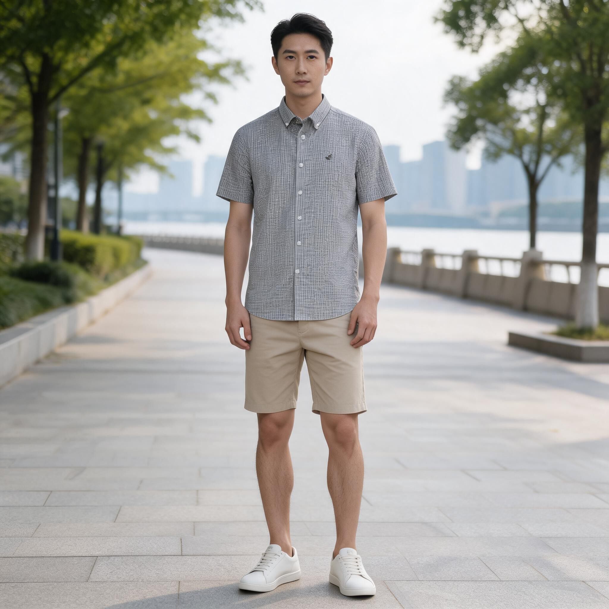 伦德保罗男士休闲绿色条纹短袖衬衫11562301