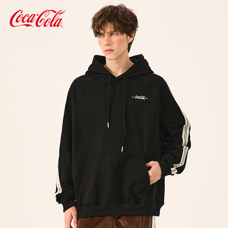 Coca-Cola/可口可乐 不对称条纹 连帽卫衣男潮牌美式重磅情侣帽衫