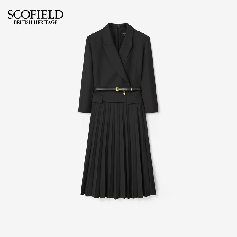 Scofield女装轻商务干练西装翻领连衣裙百褶中长裙