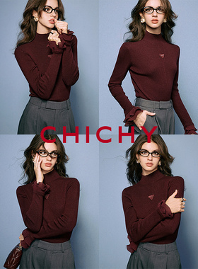 CHICHY复古修身新年红色半高领毛针织衫洋气内搭上衣CW0D014251