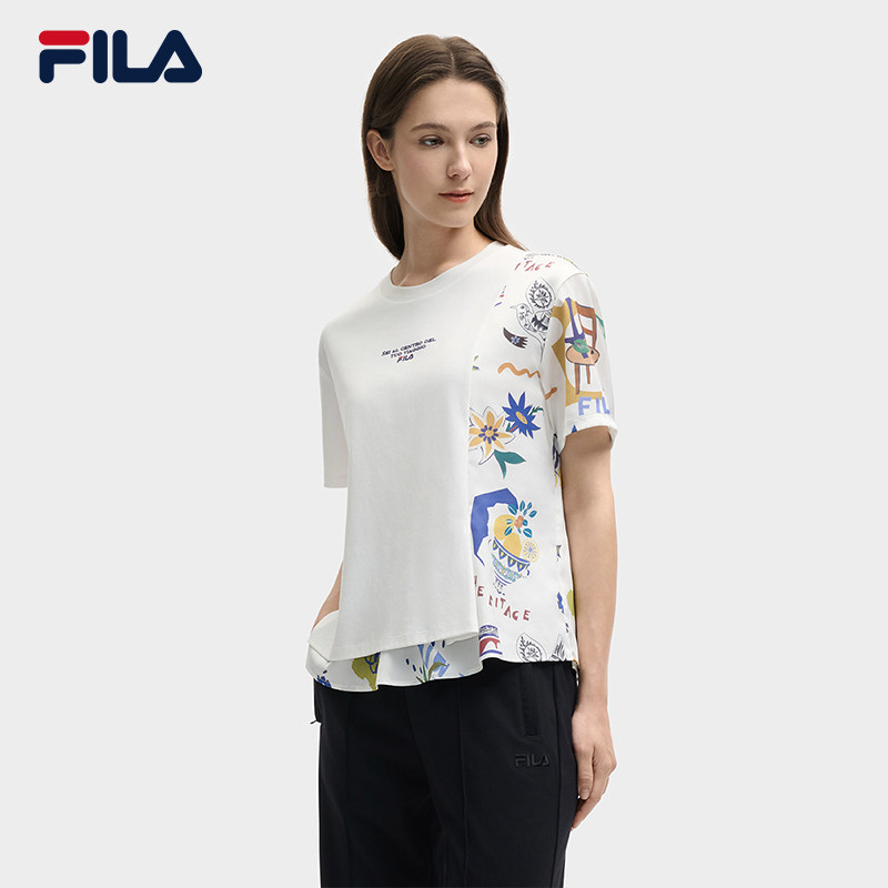 FILA斐乐女子短袖T恤2026夏拼接假两件印花上衣F61W628198A