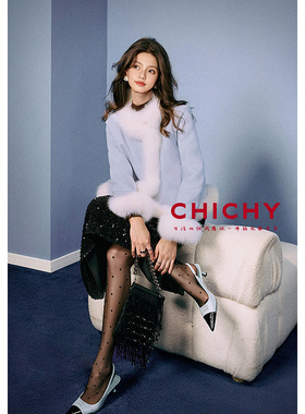 CHICHY雪国暖冬狐狸毛蓝色鸭绒羽绒服外套CW3B007254