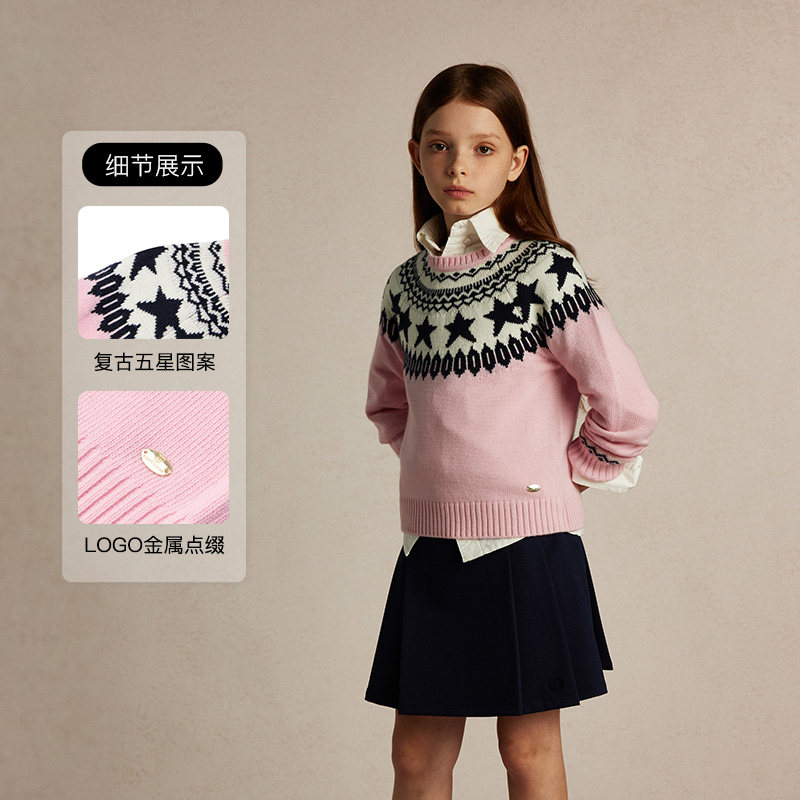 eland kids童装女童针织衫2024年学院风撞色圆领毛衣EKKWE4T27K