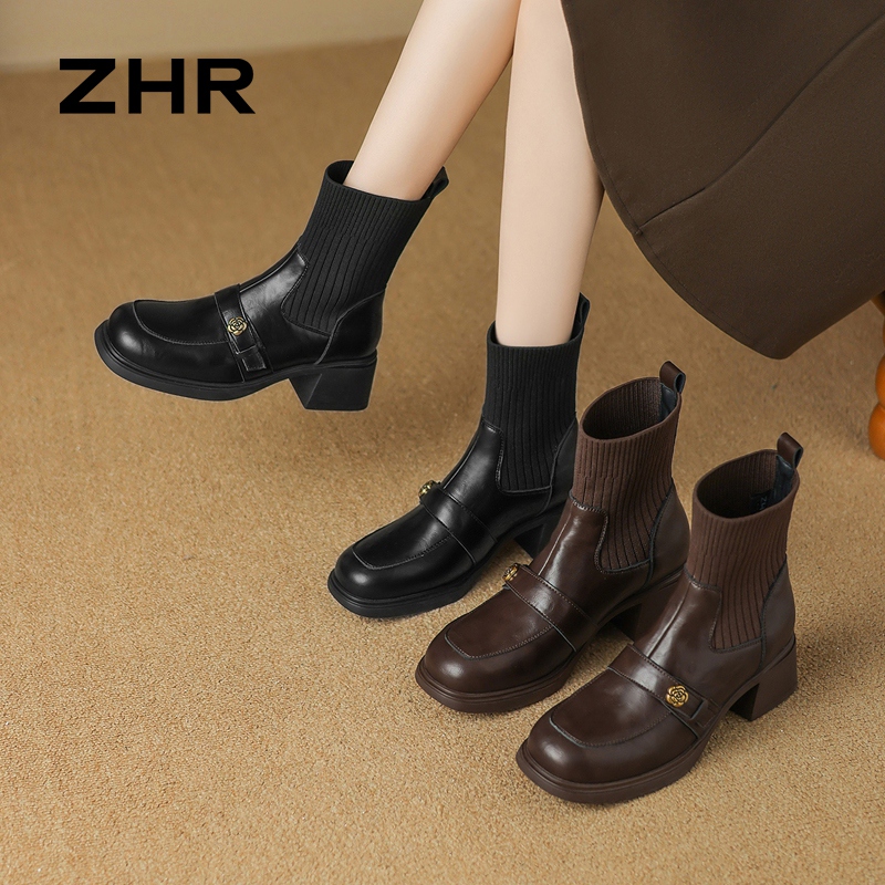 ZHR则则袜靴2025秋冬新款山茶花乐福鞋小个子粗跟弹力短靴BL638A