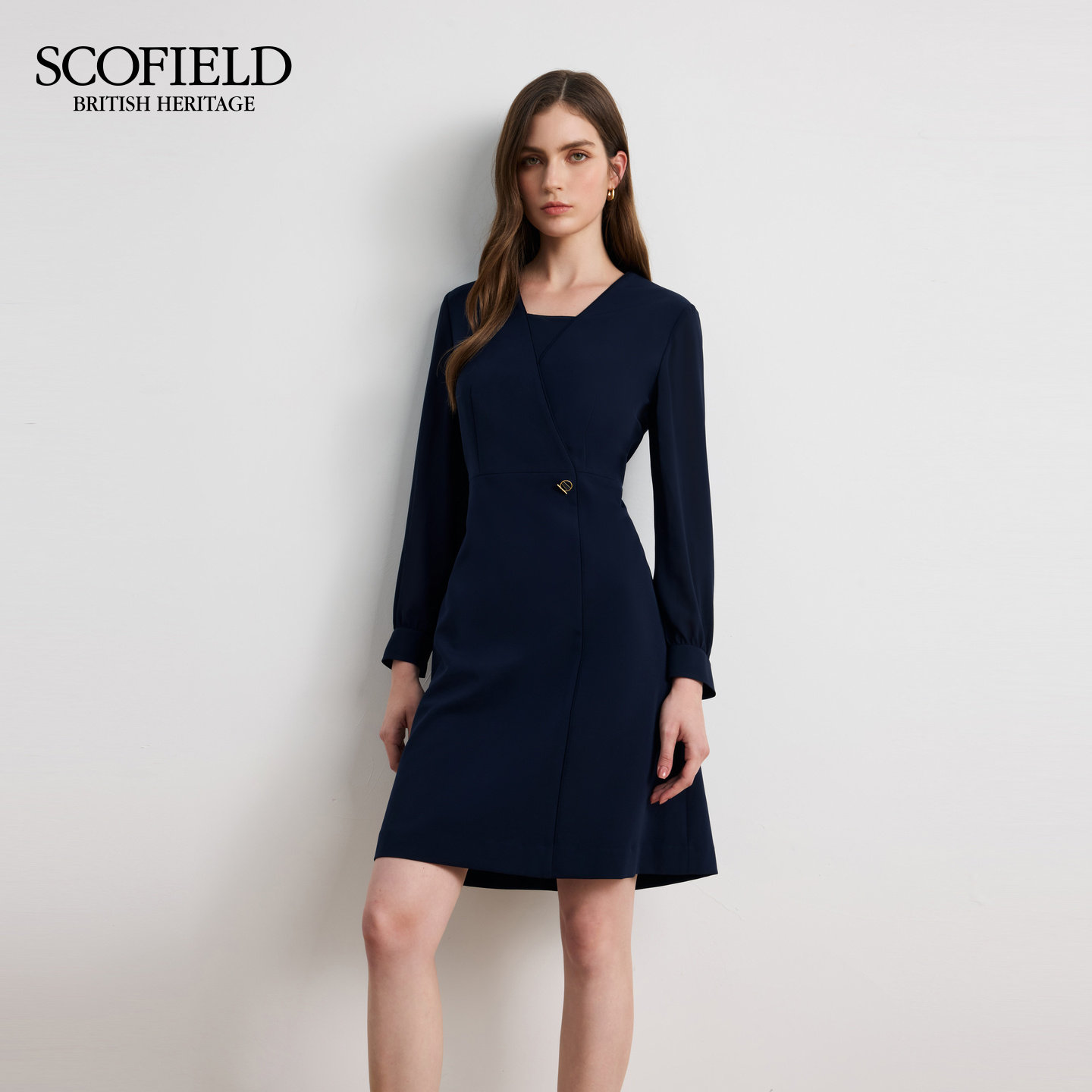Scofield女装优雅设计感围裹式V领连衣裙收腰A摆裙