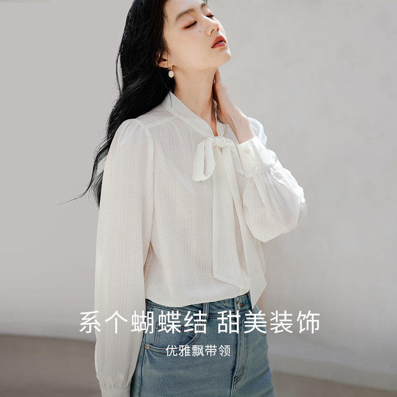 香影白色衬衫女2025夏秋新款通勤长袖轻职场高智感蝴蝶结系带上衣
