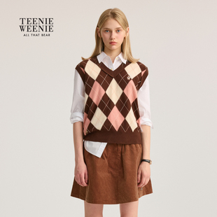 TeenieWeenie小熊女装针织衫宽松V领菱形格背心