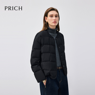 PRICH时尚圆领面包格子轻薄羽绒服蓬松保暖短外套女