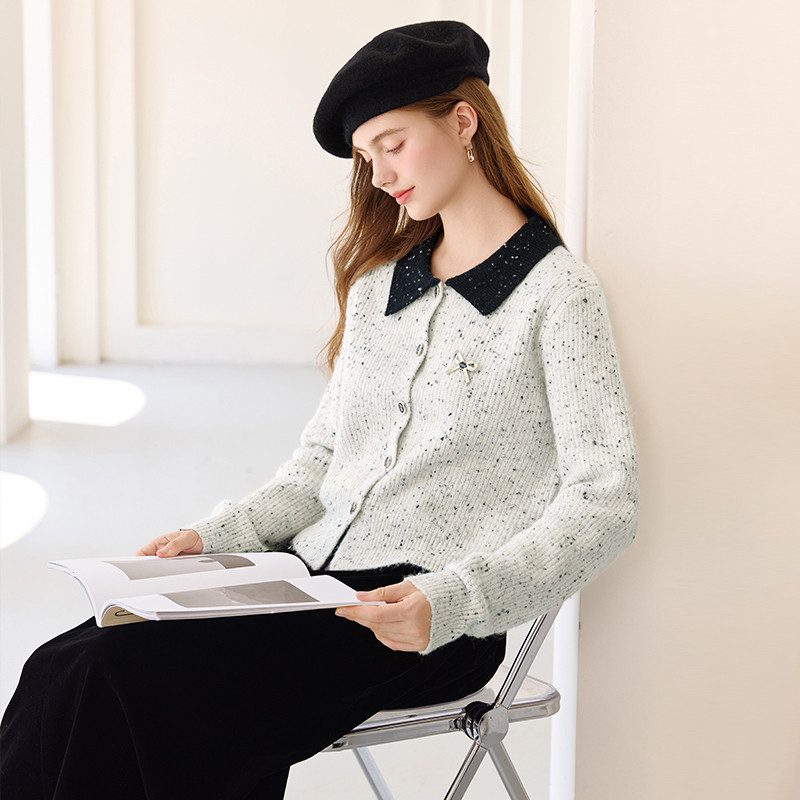 香影翻领针织开衫女温柔外套