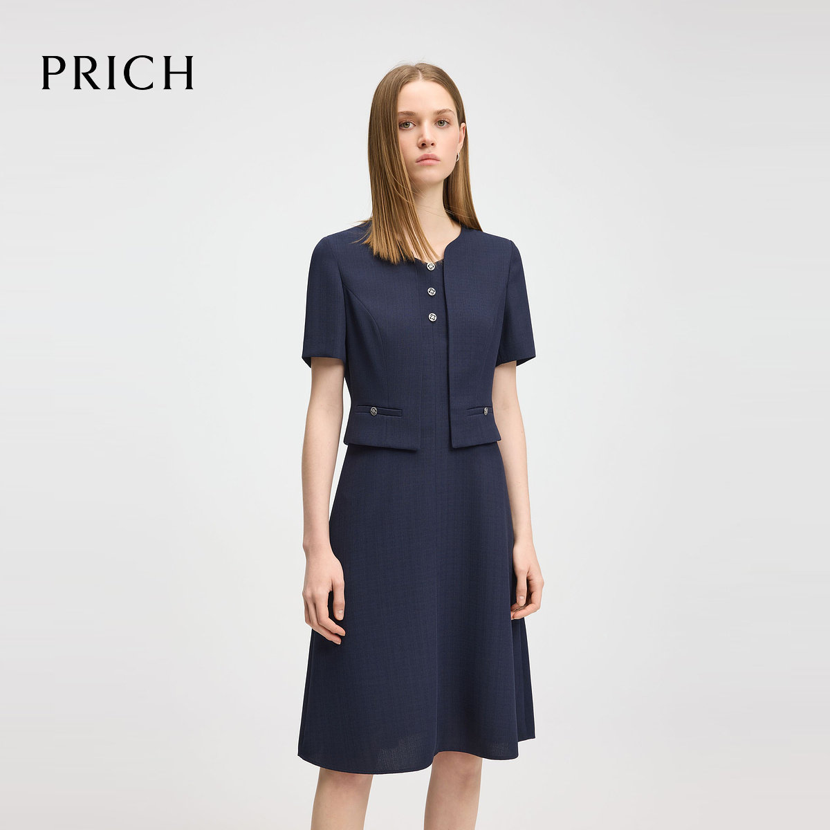 PRICH时尚假两件V领连衣裙2025夏季短袖A字裙女PROWF2302M