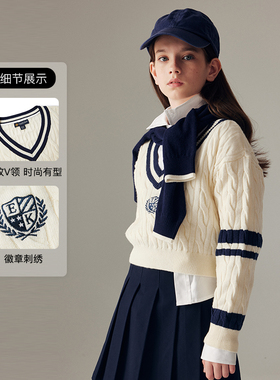 eland kids童装女童毛衣24年条纹V领徽章刺绣针织衫EKKWE4925D
