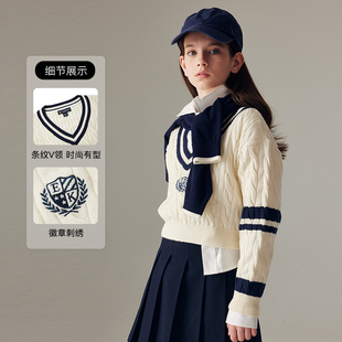 eland kids童装女童毛衣24年条纹V领徽章刺绣针织衫EKKWE4925D
