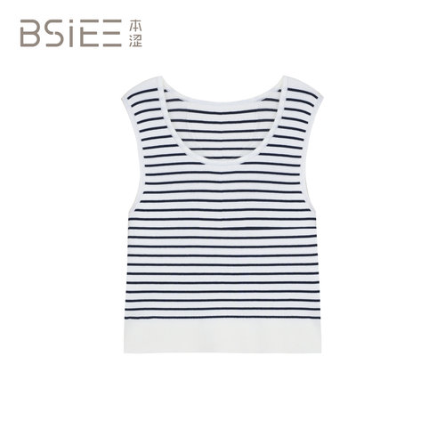 BSiEE本涩简约条纹毛织无袖背心上衣女F0917C02