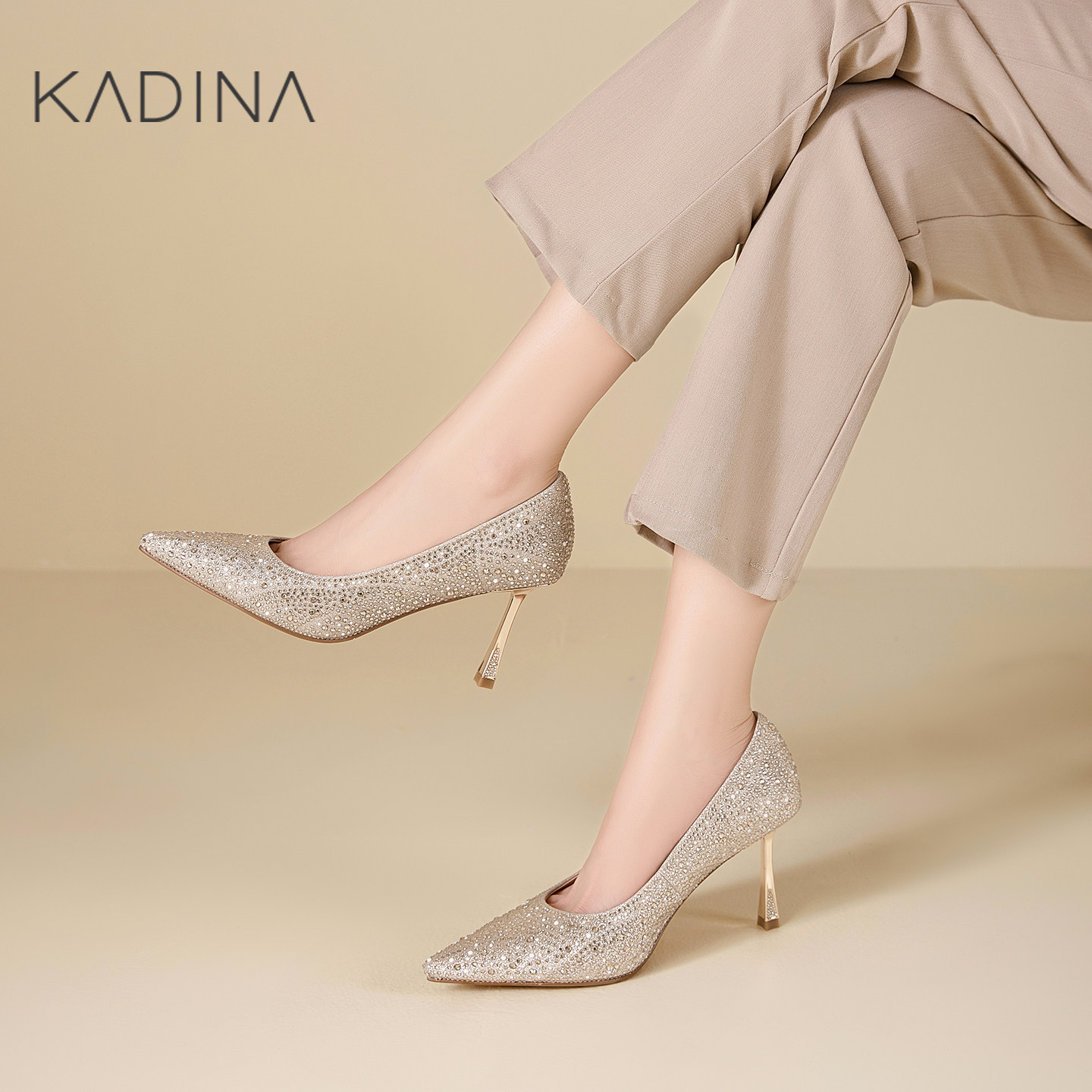 卡迪娜/KADINA轻奢水钻高跟鞋女金色新娘伴娘婚宴鞋KS261562图片