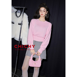 CHICHY千金风粉色毛针织衫收腰短上衣CW0D026244