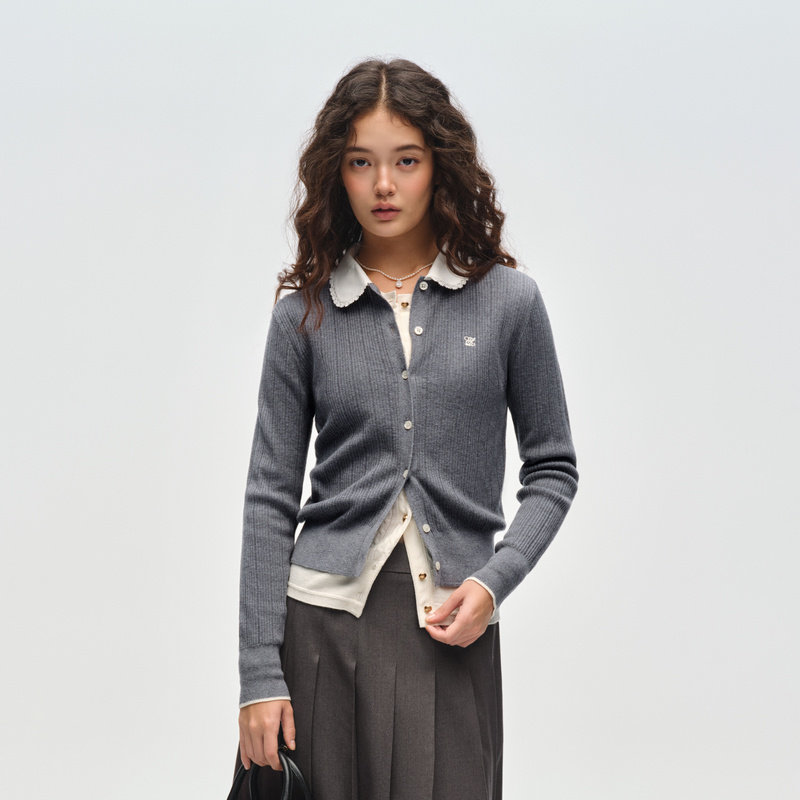 Eland 针织衫女气质撞色领开衫EECKG11B06