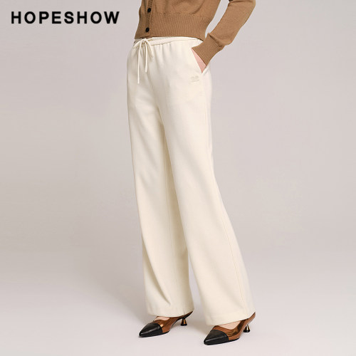红袖/HOPESHOW肌理感休闲裤秋季女抽绳高腰阔腿裤89224301203