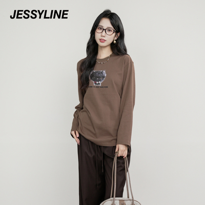 杰茜莱2025年秋季女装印花卡通长袖T恤宽松圆领上衣jessyline