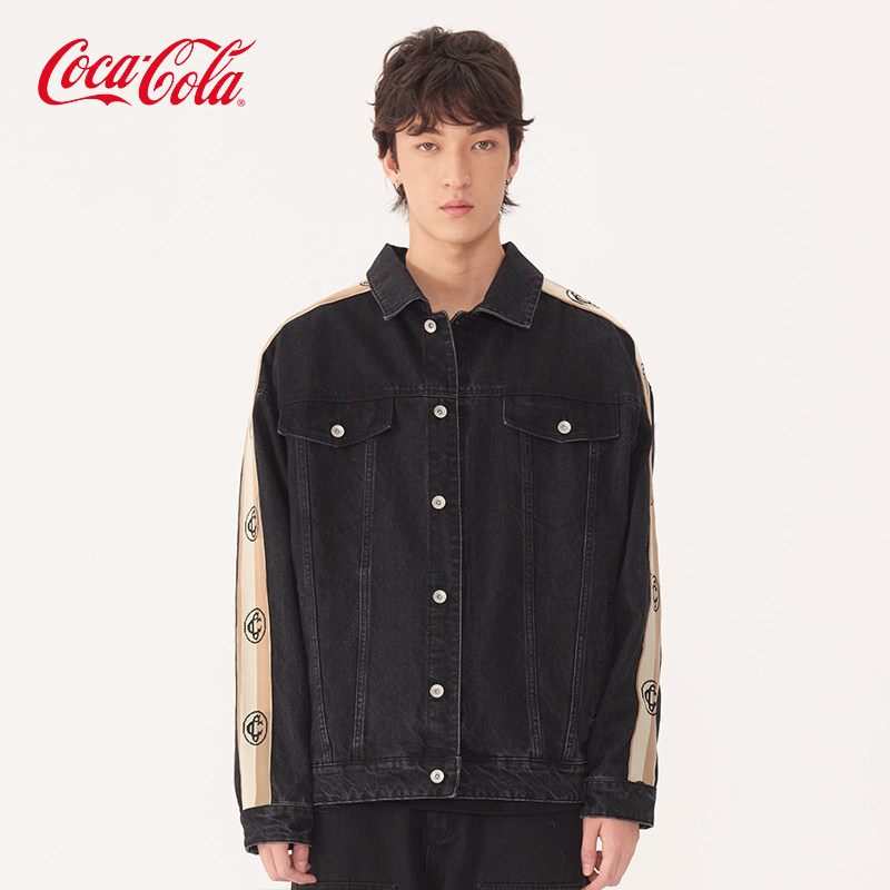 Coca-Cola/可口可乐接撞色织带水洗做旧休闲翻领牛仔外套男女同款