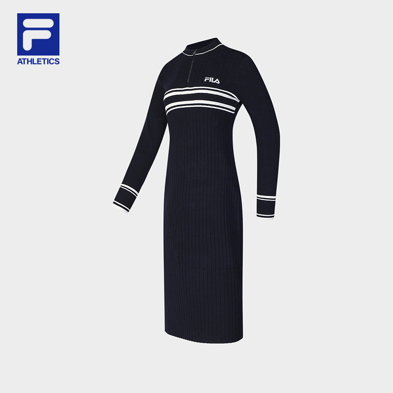 FILA 斐乐官方女子编织连衣裙2024冬季新修身裙子长裙F51W448301B