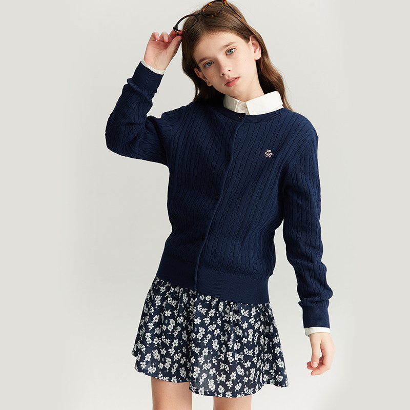 eland kids衣恋童装女针织衫2024夏季薄款圆领毛衣开衫EKCKE2321B