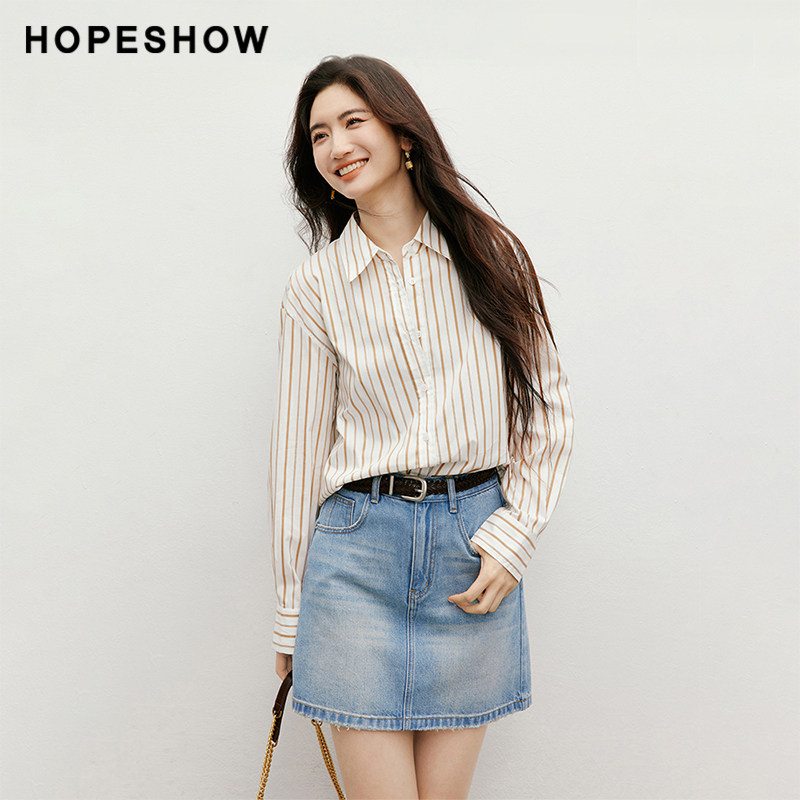 红袖撞色条纹衬衫2025秋季女装长袖翻领休闲职业上衣90125230301