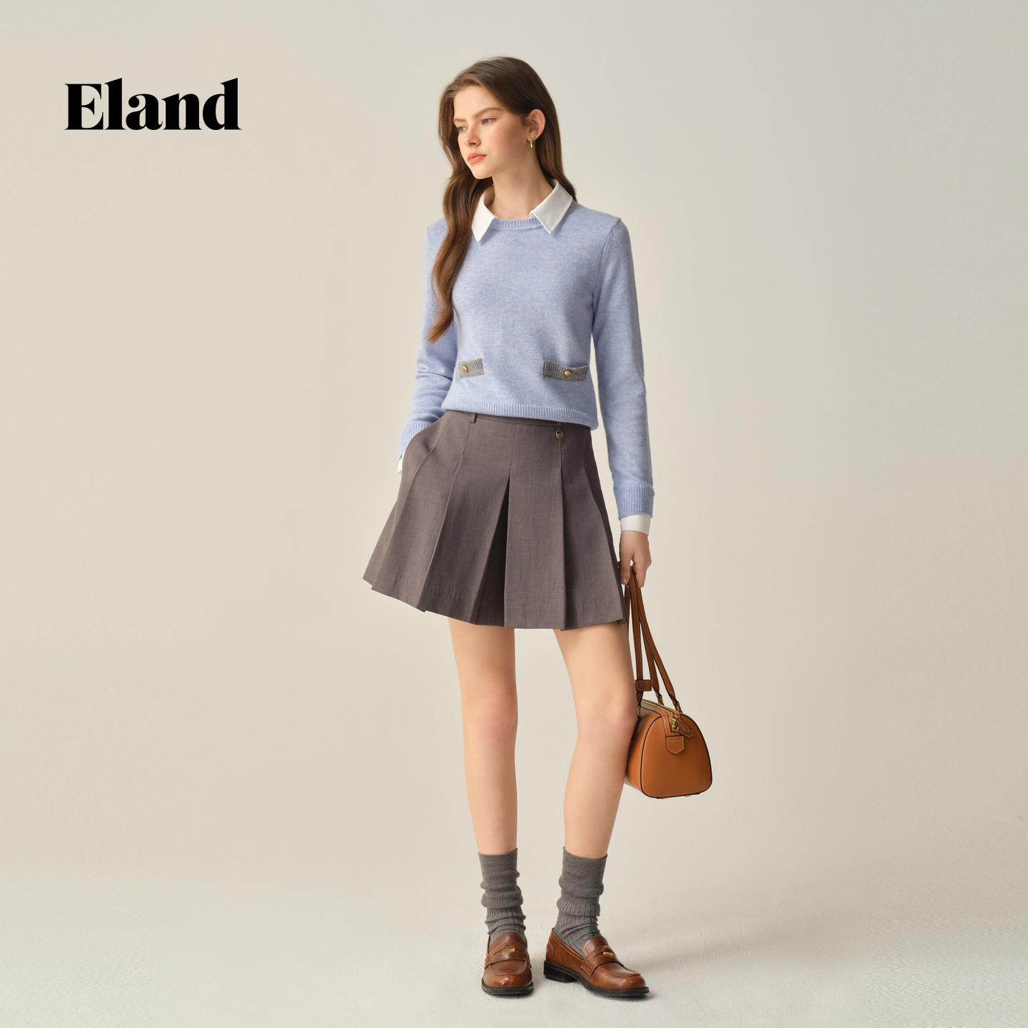 Eland女设计感撞色口袋套头翻领针织衫2025秋季新款