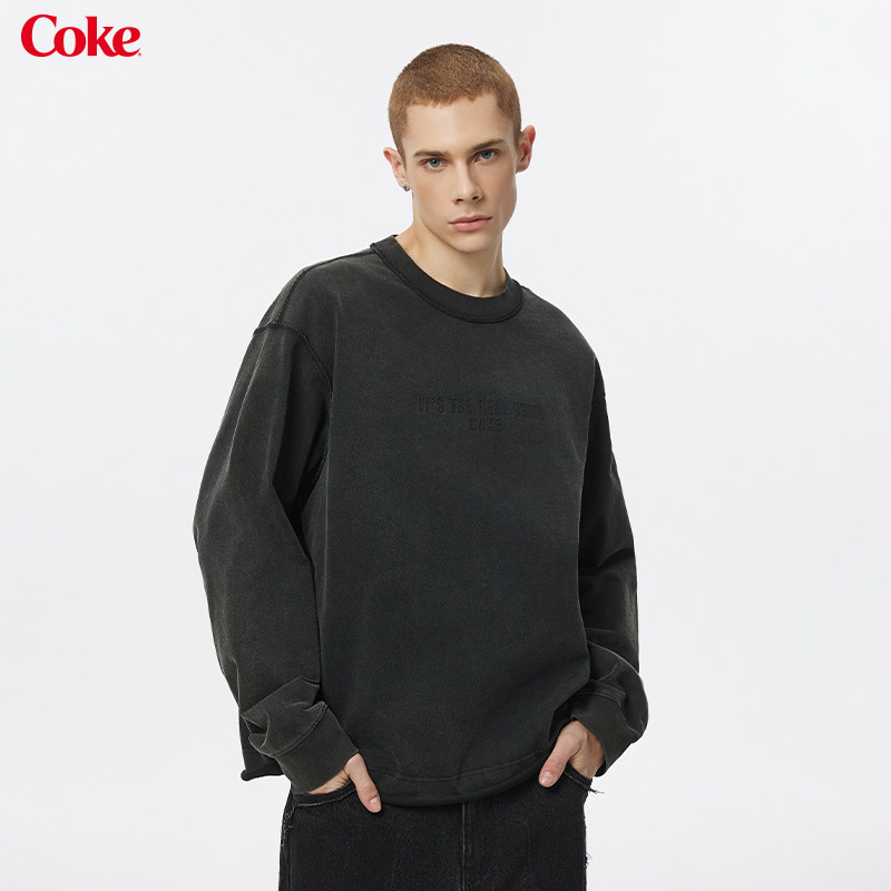 Coke 可口可乐美式复古水洗做旧立体印花落肩圆领卫衣 男女同款