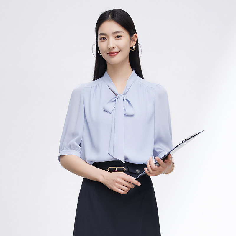 【曼·贝】夏款短袖精致气质飘带雪纺时尚通勤衬衫女上衣8592377