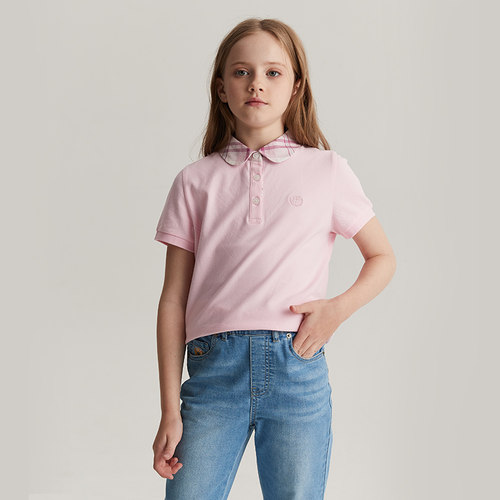 eland kids衣恋童装2024年女童格纹翻领徽章刺绣T恤EKHWE2421K