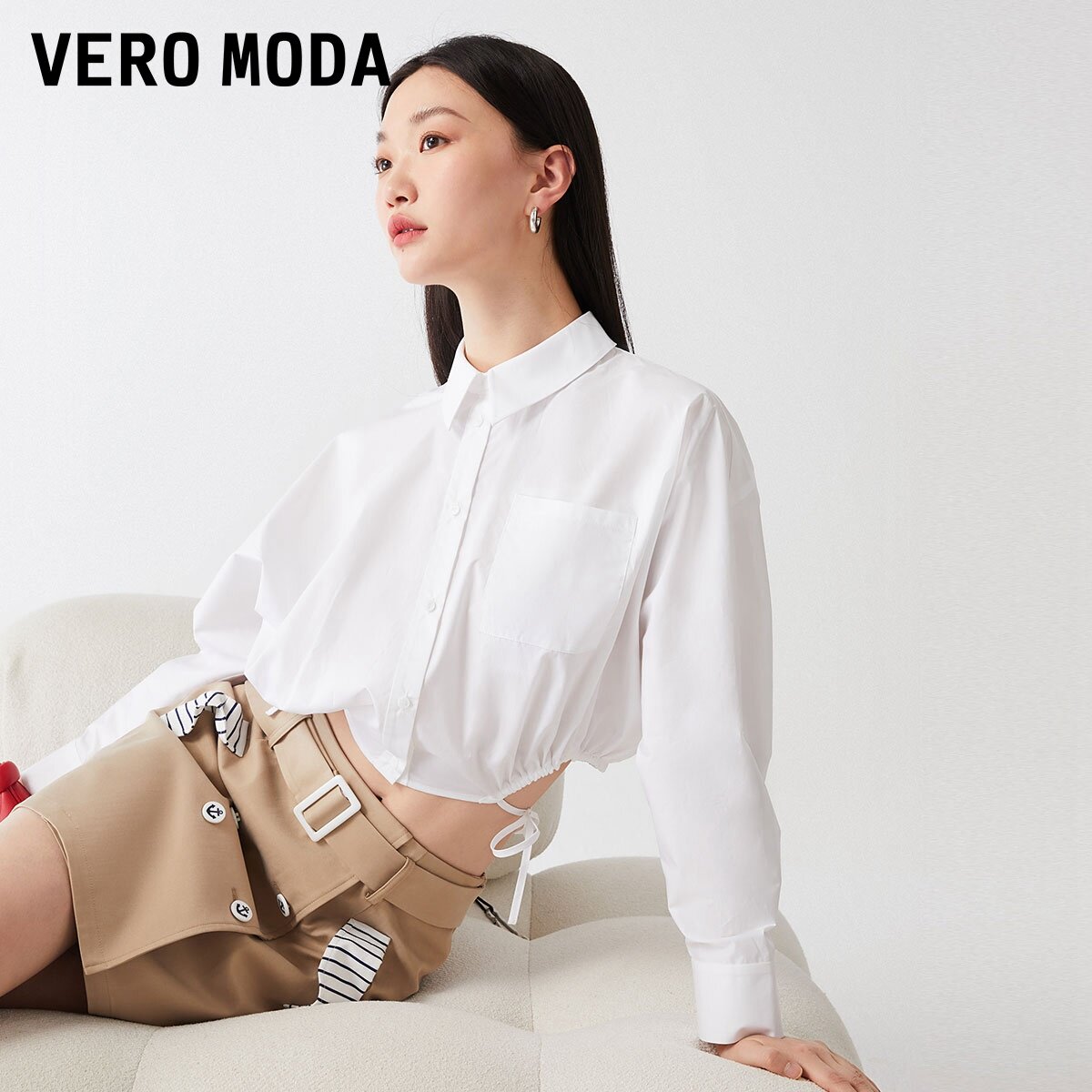 Vero Moda衬衫女2026夏季短款蝙蝠袖翻领简约上衣326205033