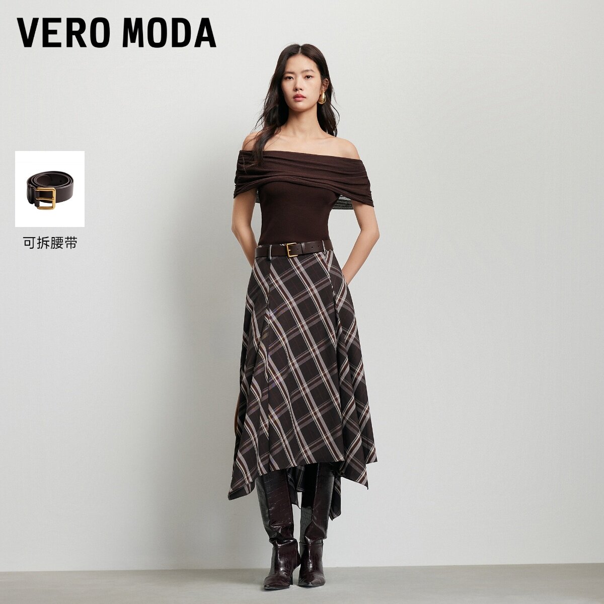 Vero Moda半身裙2026秋季新款含腰带内衬格纹不规则半裙326316007