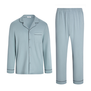曼妮芬男士翻领 长袖长裤套装 宽松家居服睡衣睡裤