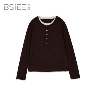 BSiEE本涩2025冬新款圆领套头假两件简约撞色宽松打底针织毛衫