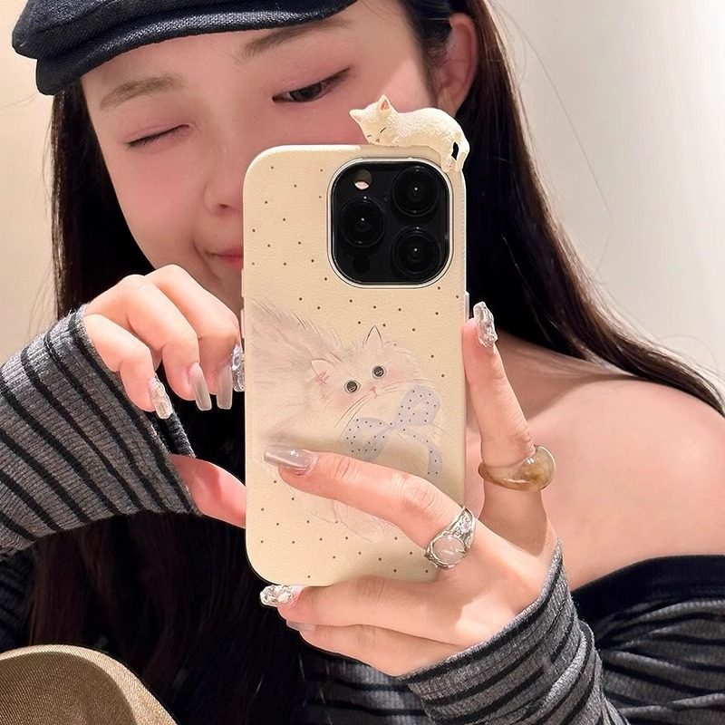 波点布偶猫适用苹果16promax手机壳2026新款iphone15promax高级14简约13防摔15pro秋冬16PM日韩少女Pro皮质套